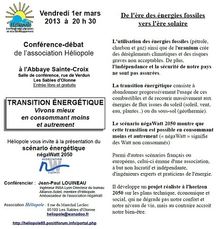 Conférence-débat : La "Transition énergétique" le vendredi 1er mars 2013