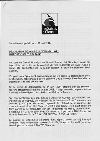 Didier Gallot, Maire des Sables d'Olonne rétablit la vérité hier soir concernant son indemnité de Maire et celles de ses adjoints.