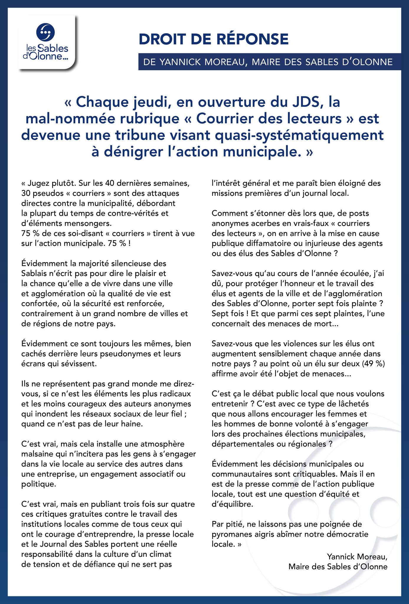 Le droit de réponse du Maire des Sables concernant le courrier des lecteurs du Journal des Sables  Le droit de réponse du Maire des Sables concernant le courrier des lecteurs du Journal des Sables