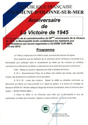 La commune d'Olonne Sur Mer commémorera le 68e anniversaire de la victoire de 1945 La commune d'Olonne Sur Mer commémorera le 68e anniversaire de la victoire de 1945