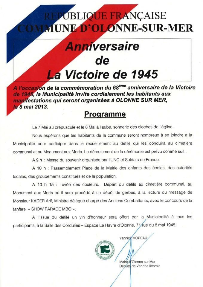 La commune d'Olonne Sur Mer commémorera le 68e anniversaire de la victoire de 1945
