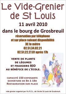 Grosbreuil: vide-grenier de l'école Saint Louis dimanche 11 avril de 8h00 à 18h00 Grosbreuil: vide-grenier de l'école Saint Louis dimanche 11 avril de 8h00 à 18h00