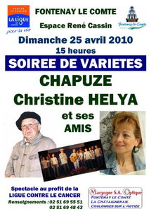 Fontenay-le-comte; soirée variété avec Christine Hélya,ses amis et Chapuze le dimanche 25 avril avec Fontenay-le-comte; soirée variété avec Christine Hélya,ses amis et Chapuze le dimanche 25 avril avec
