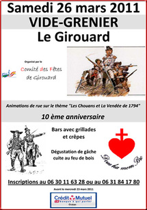Le Girouard: vide grenier au Girouard le samedi 26 mars de 7h00 à 17h00 Le Girouard: vide grenier au Girouard le samedi 26 mars de 7h00 à 17h00