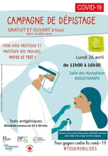 Mouchamps: campagne de dépistage gratuit le lundi 26 avril de 11h00 à 16h30 Mouchamps: campagne de dépistage gratuit le lundi 26 avril de 11h00 à 16h30