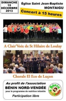Montaigu: Concert des chorales A Clair'Voix et El Eco le dimanche 15 décembre à 15h00 Montaigu: Concert des chorales A Clair'Voix et El Eco le dimanche 15 décembre à 15h00
