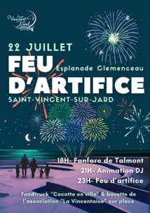 Saint-Vincent-sur-Jard : feu d'artifice et animations le lundi 22 juillet à partir de 18h00 Saint-Vincent-sur-Jard : feu d'artifice et animations le lundi 22 juillet à partir de 18h00