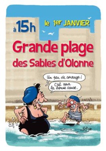 Les Sables d'Olonne: bain du 1° janvier sur la Grande plage  avec le "Camino de l'Espoir" 